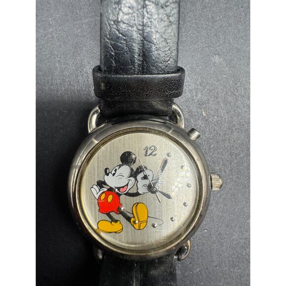 Disney Mickey Mouse Wrist Watch Silver Tone Black Leather Band 753S 27.4MM